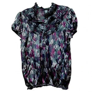 APOSTROPHE Women Size Medium Multi Color PrintRuffle Henley Blouse Short Sleeve